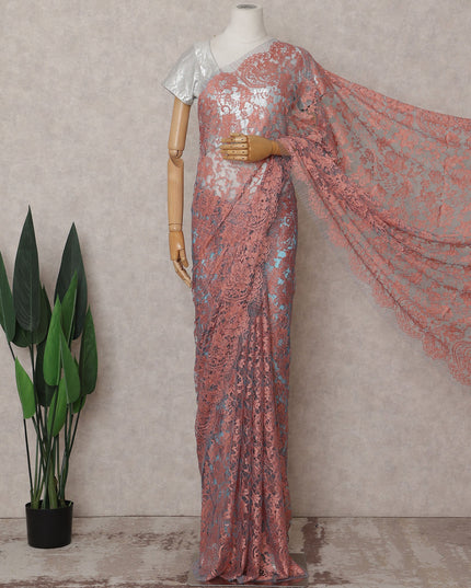 Coral Pink over Turquoise Blue Chantilly Lace Saree - D31617