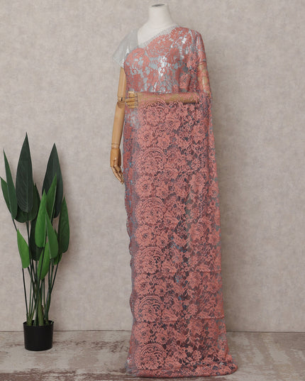 Coral Pink over Turquoise Blue Chantilly Lace Saree - D31617