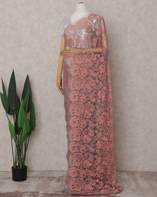 Coral Pink over Turquoise Blue Chantilly Lace Saree - D31617