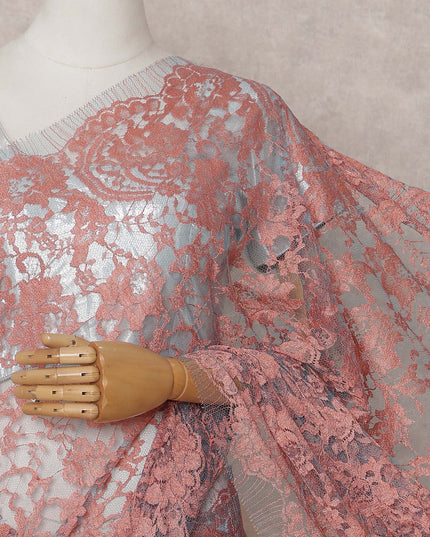 Coral Pink over Turquoise Blue Chantilly Lace Saree - D31617