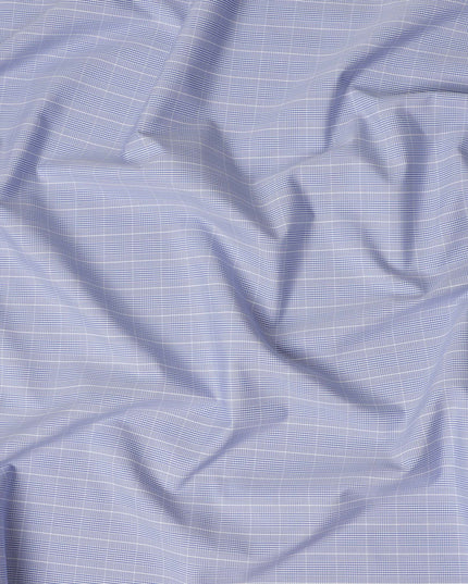 Blue Micro Check Pattern Premium Pure Italian 100% Cotton Shirting Fabric Soft Breathable Fine Woven Lightweight Luxury Shirt Material 150 Cms Width Italy Origin-D28492 - Regal Fabrics