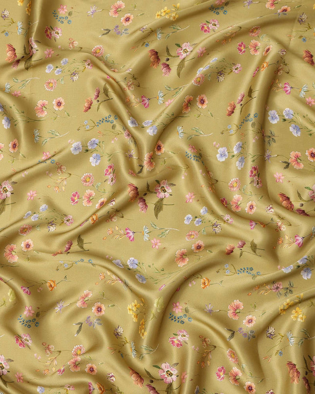 Olive Green Delicate Floral Allover Printed Premium Pure Silk Satin Fabric, 110 Cms, India-D27090