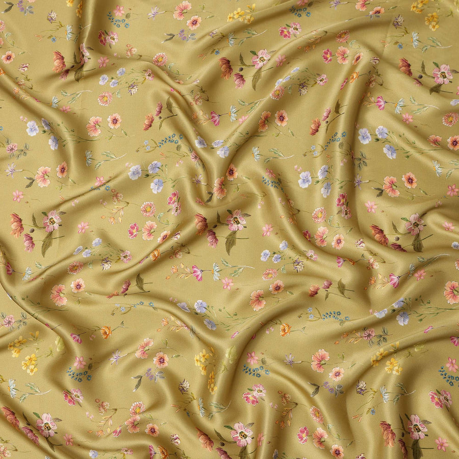 Olive Green Delicate Floral Allover Printed Premium Pure Silk Satin Fabric, 110 Cms, India-D27090
