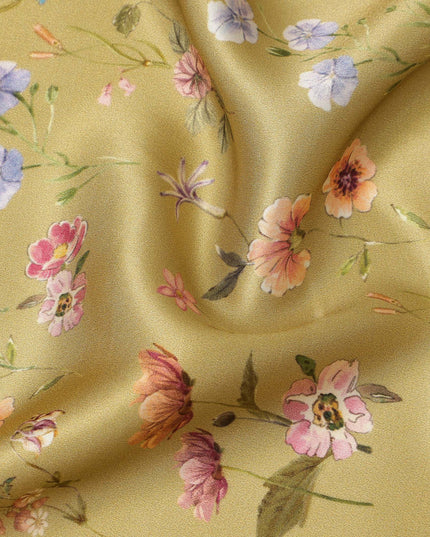 Olive Green Delicate Floral Allover Printed Premium Pure Silk Satin Fabric, 110 Cms, India-D27090