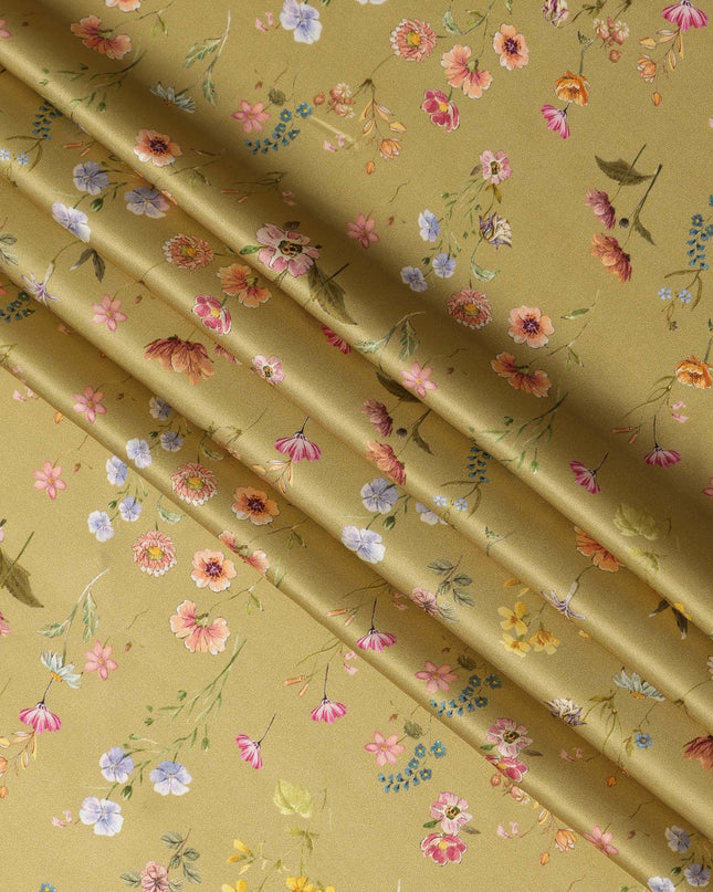 Olive Green Delicate Floral Allover Printed Premium Pure Silk Satin Fabric, 110 Cms, India-D27090