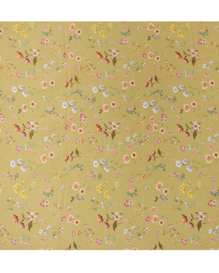 Olive Green Delicate Floral Allover Printed Premium Pure Silk Satin Fabric, 110 Cms, India-D27090
