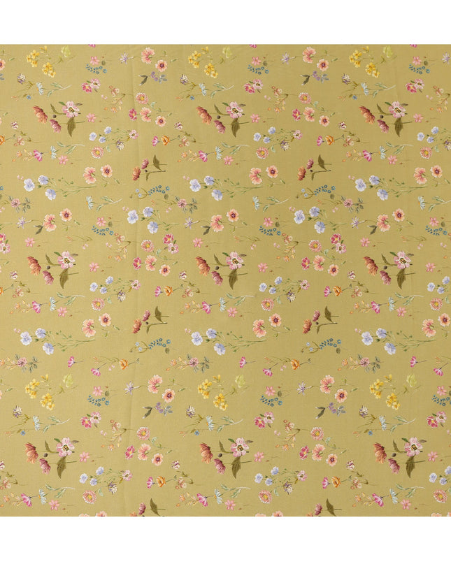 Olive Green Delicate Floral Allover Printed Premium Pure Silk Satin Fabric, 110 Cms, India-D27090