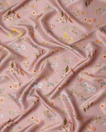 Blush Pink Delicate Floral Allover Printed Premium Pure Silk Satin Fabric, 110 Cms, India-D27086