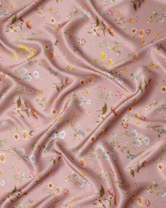 Blush Pink Delicate Floral Allover Printed Premium Pure Silk Satin Fabric, 110 Cms, India-D27086