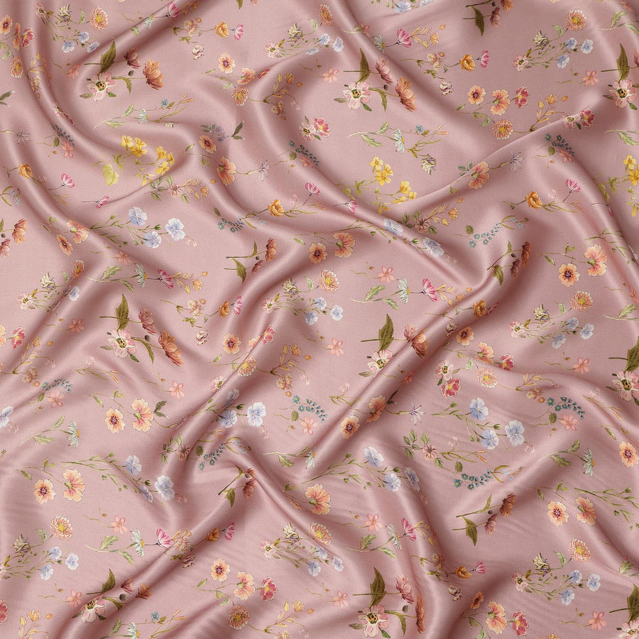 Blush Pink Delicate Floral Allover Printed Premium Pure Silk Satin Fabric, 110 Cms, India-D27086