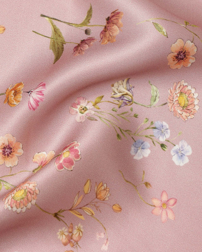 Blush Pink Delicate Floral Allover Printed Premium Pure Silk Satin Fabric, 110 Cms, India-D27086