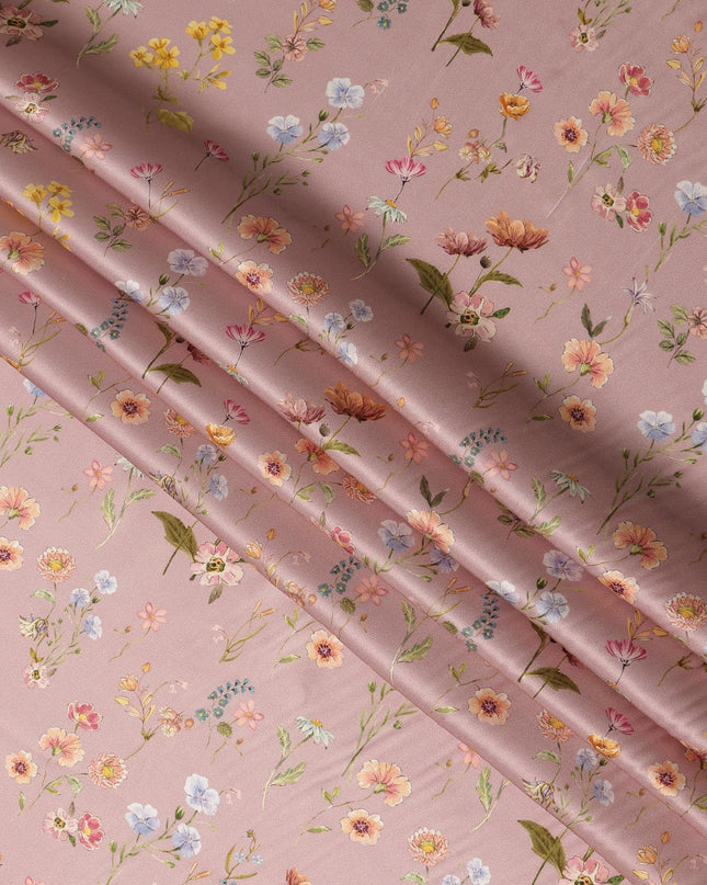 Blush Pink Delicate Floral Allover Printed Premium Pure Silk Satin Fabric, 110 Cms, India-D27086