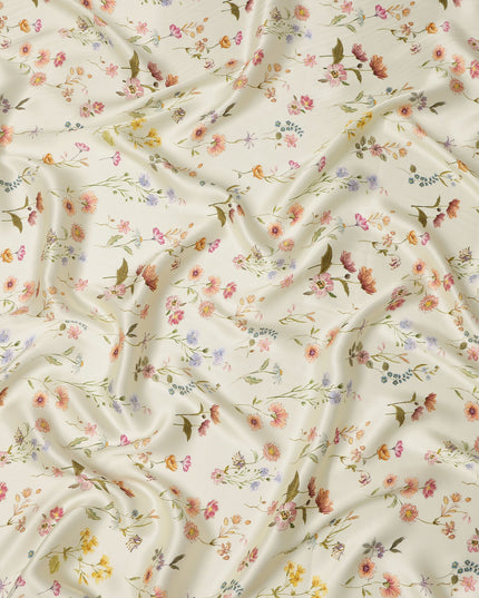 Ivory Cream Delicate Floral Allover Printed Premium Pure Silk Satin Fabric, 110 Cms, India-D27085