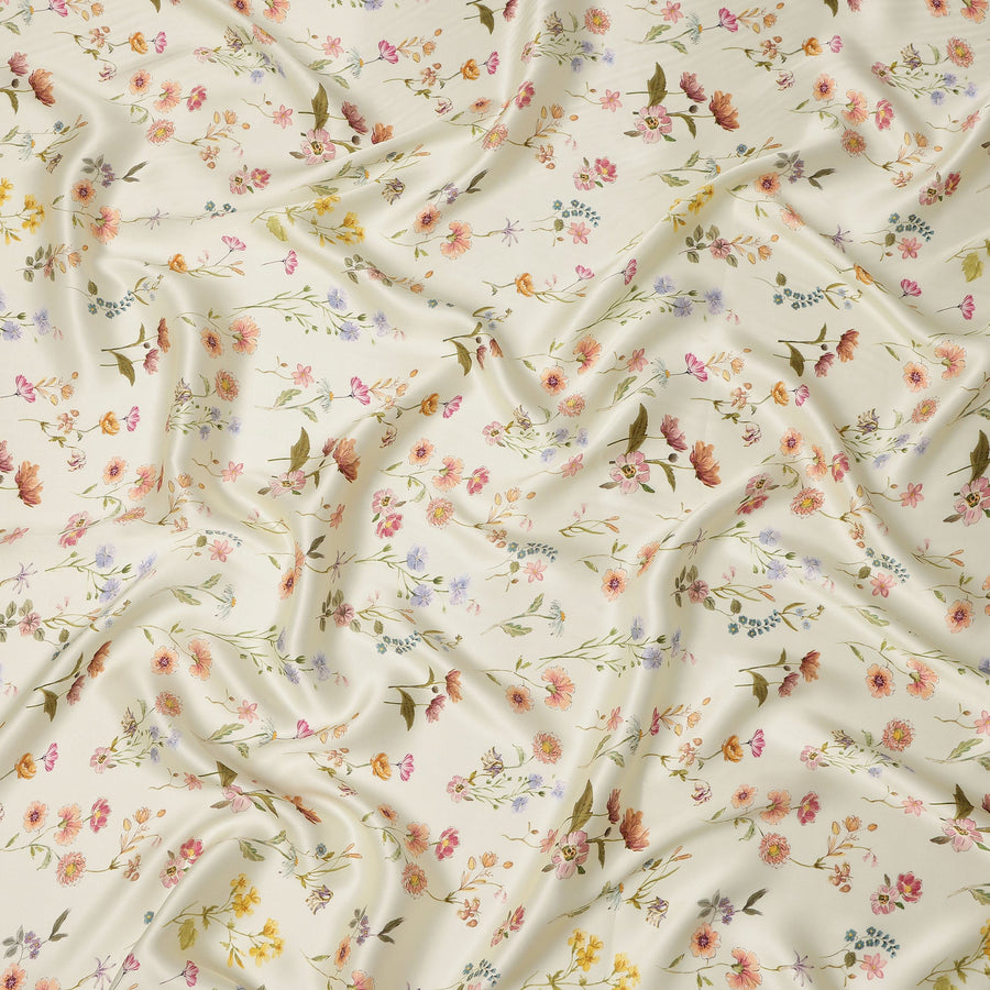 Ivory Cream Delicate Floral Allover Printed Premium Pure Silk Satin Fabric, 110 Cms, India-D27085
