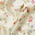 Ivory Cream Delicate Floral Allover Printed Premium Pure Silk Satin Fabric, 110 Cms, India-D27085
