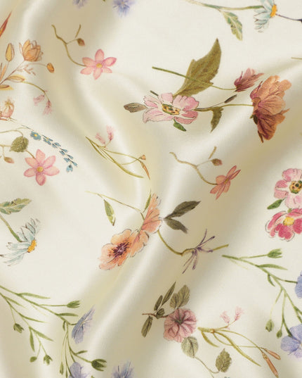 Ivory Cream Delicate Floral Allover Printed Premium Pure Silk Satin Fabric, 110 Cms, India-D27085