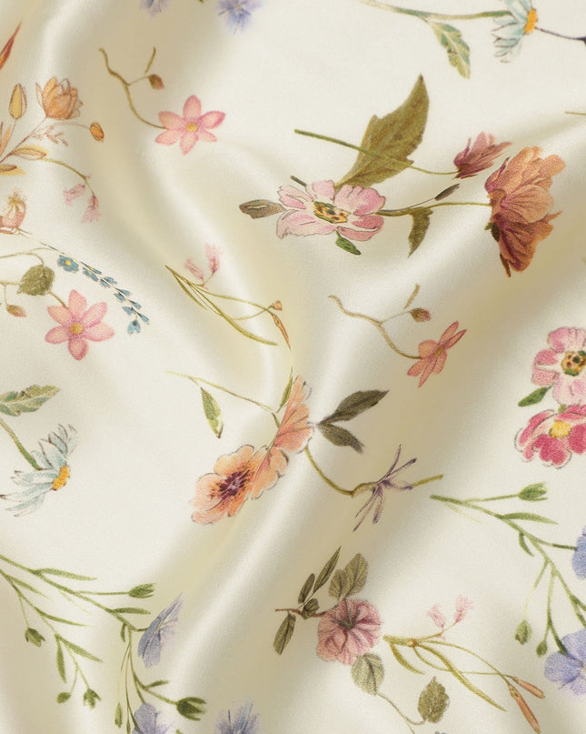 Ivory Cream Delicate Floral Allover Printed Premium Pure Silk Satin Fabric, 110 Cms, India-D27085