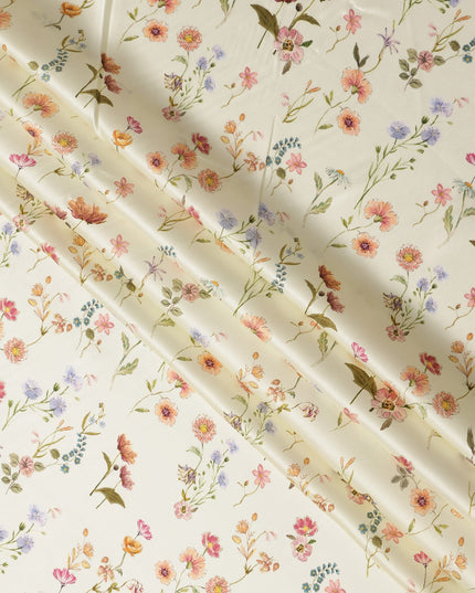 Ivory Cream Delicate Floral Allover Printed Premium Pure Silk Satin Fabric, 110 Cms, India-D27085