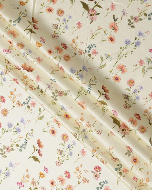 Ivory Cream Delicate Floral Allover Printed Premium Pure Silk Satin Fabric, 110 Cms, India-D27085