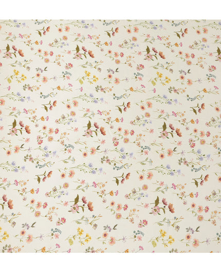 Ivory Cream Delicate Floral Allover Printed Premium Pure Silk Satin Fabric, 110 Cms, India-D27085
