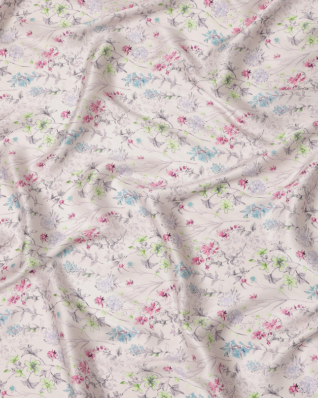 Ivory Pastel Floral Allover Printed Premium Pure Silk Satin Fabric, 110 Cms, India-D27079