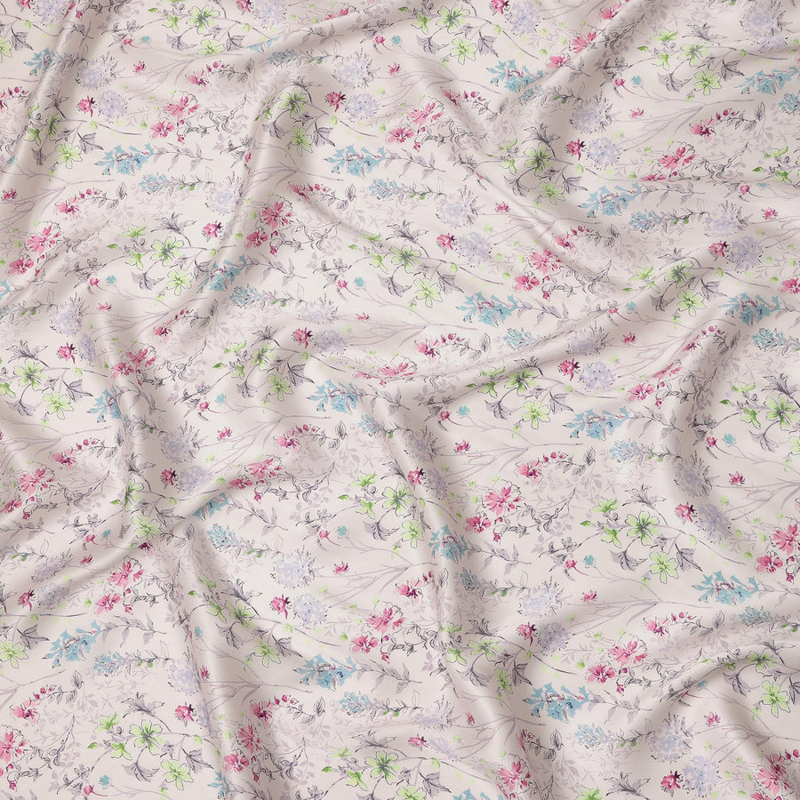 Ivory Pastel Floral Allover Printed Premium Pure Silk Satin Fabric, 110 Cms, India-D27079