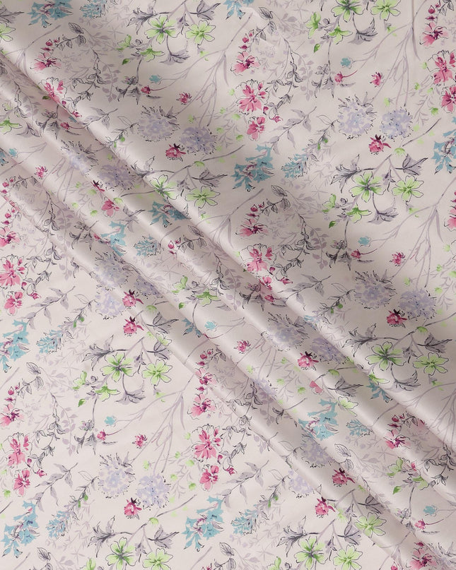 Ivory Pastel Floral Allover Printed Premium Pure Silk Satin Fabric, 110 Cms, India-D27079