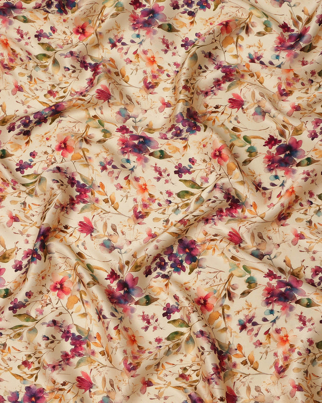 Ivory Cream Soft Watercolor Floral Printed Premium Pure Silk Satin Fabric, 110 Cms, India-D27089