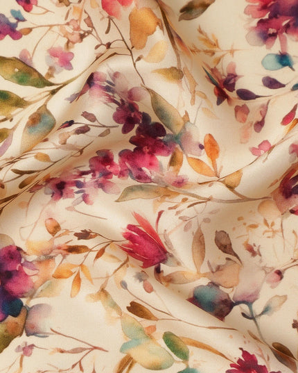 Ivory Cream Soft Watercolor Floral Printed Premium Pure Silk Satin Fabric, 110 Cms, India-D27089