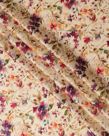 Ivory Cream Soft Watercolor Floral Printed Premium Pure Silk Satin Fabric, 110 Cms, India-D27089