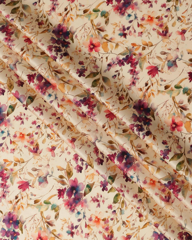 Ivory Cream Soft Watercolor Floral Printed Premium Pure Silk Satin Fabric, 110 Cms, India-D27089