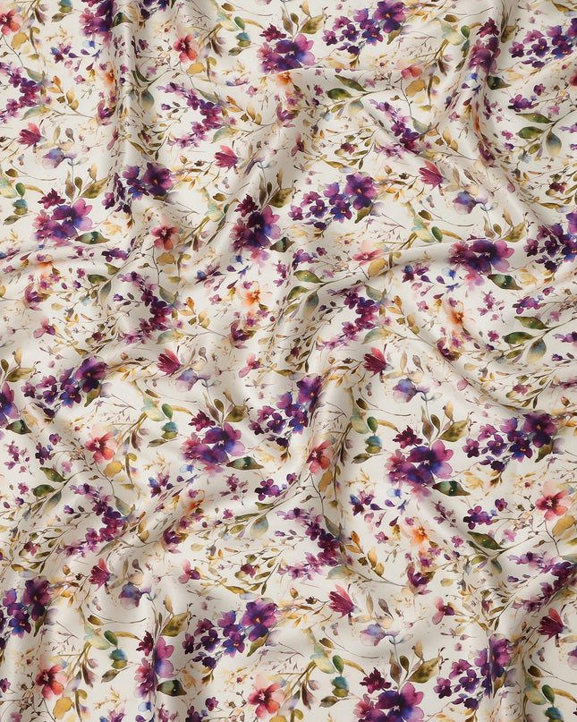 Ivory Cream Multicolor Floral Watercolor Printed Premium Pure Silk Satin Fabric, 110 Cms, India-D27093