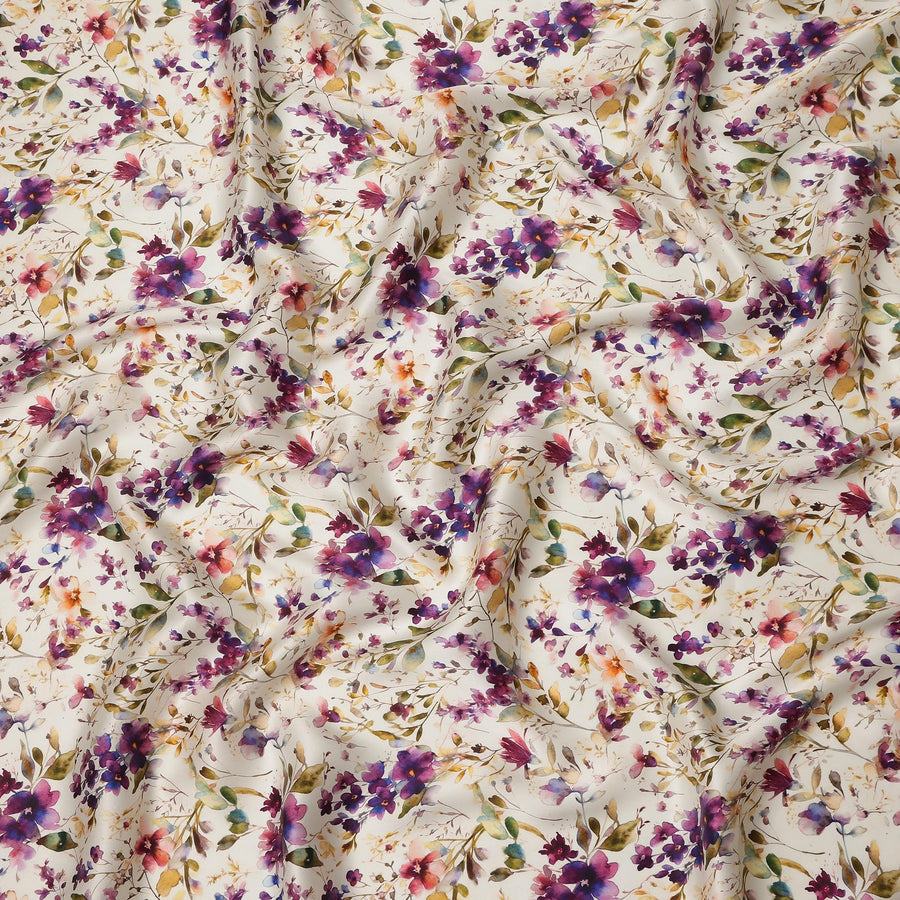 Ivory Cream Multicolor Floral Watercolor Printed Premium Pure Silk Satin Fabric, 110 Cms, India-D27093