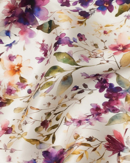 Ivory Cream Multicolor Floral Watercolor Printed Premium Pure Silk Satin Fabric, 110 Cms, India-D27093