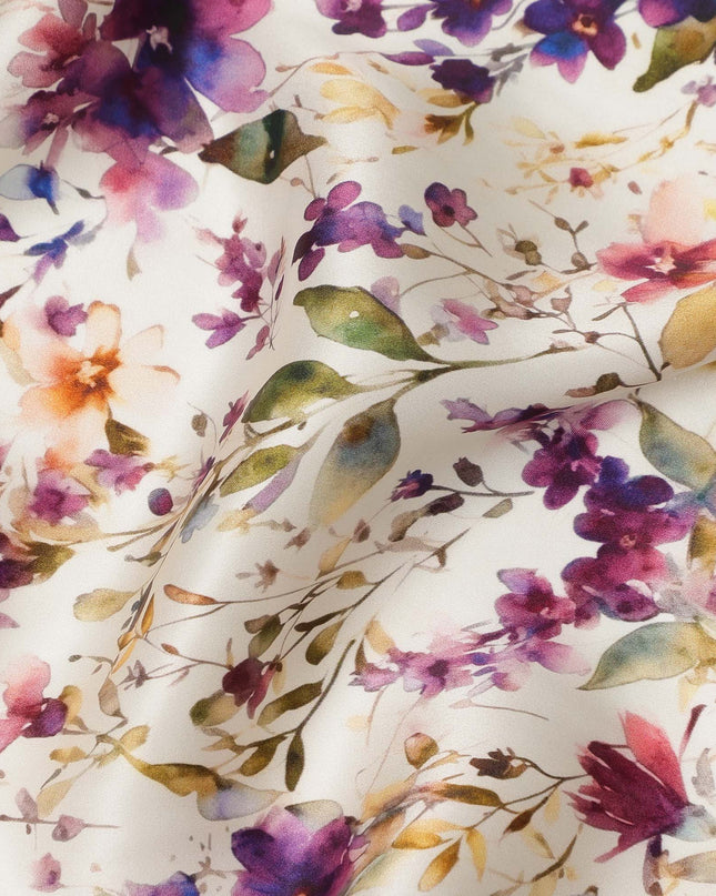 Ivory Cream Multicolor Floral Watercolor Printed Premium Pure Silk Satin Fabric, 110 Cms, India-D27093