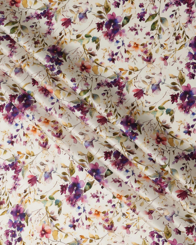 Ivory Cream Multicolor Floral Watercolor Printed Premium Pure Silk Satin Fabric, 110 Cms, India-D27093