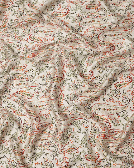 Ivory White Paisley Floral Allover Printed Premium Pure Silk Satin Fabric, 110 Cms, India-D27092