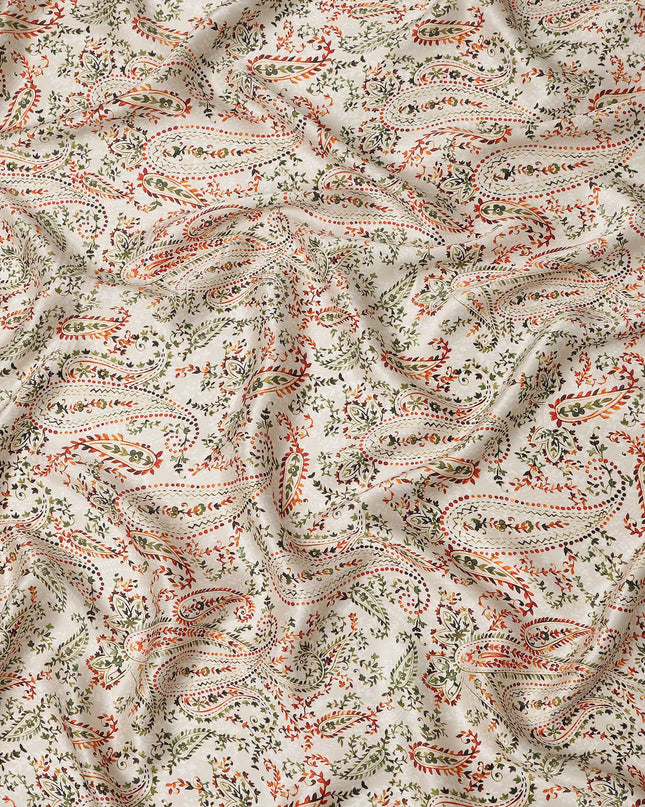 Ivory White Paisley Floral Allover Printed Premium Pure Silk Satin Fabric, 110 Cms, India-D27092