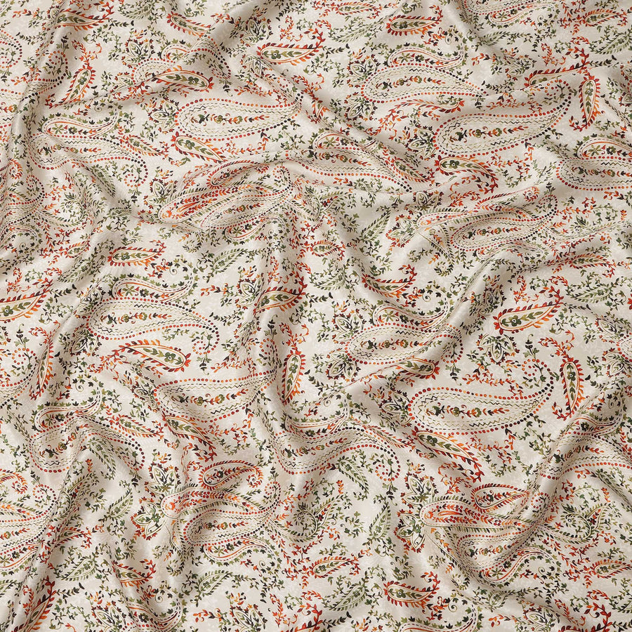 Ivory White Paisley Floral Allover Printed Premium Pure Silk Satin Fabric, 110 Cms, India-D27092
