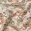 Ivory White Paisley Floral Allover Printed Premium Pure Silk Satin Fabric, 110 Cms, India-D27092