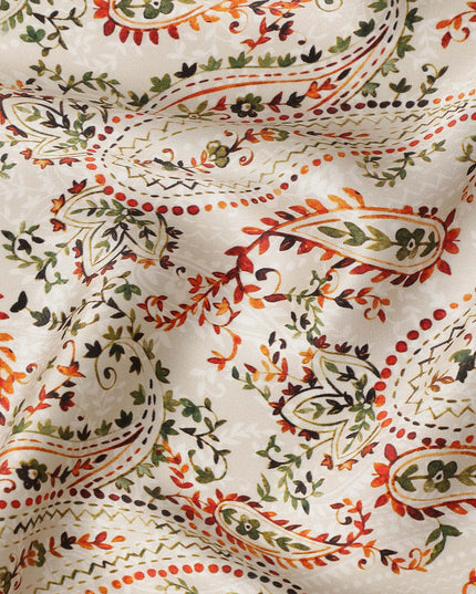 Ivory White Paisley Floral Allover Printed Premium Pure Silk Satin Fabric, 110 Cms, India-D27092
