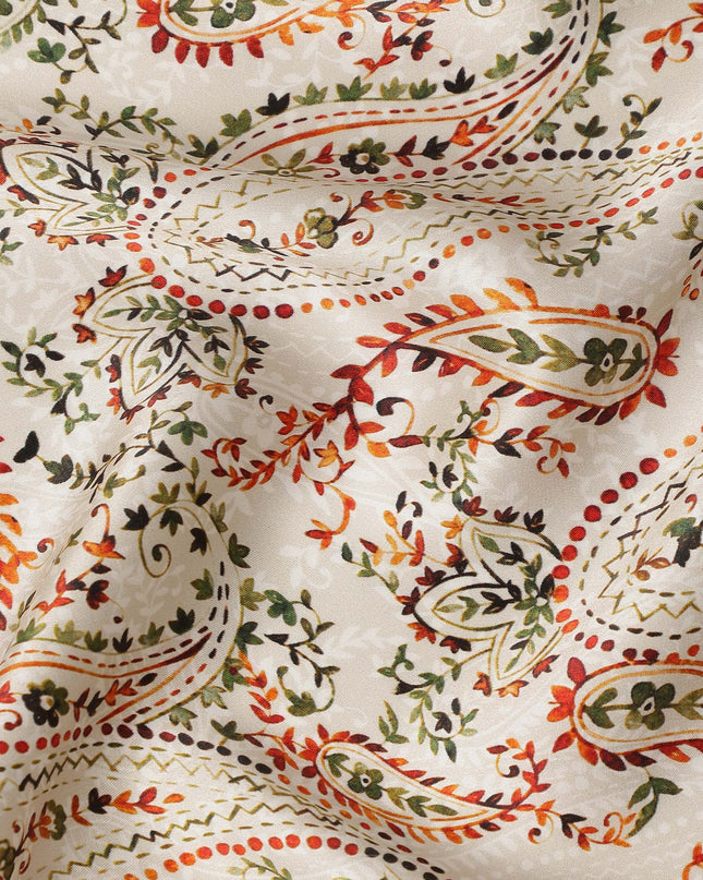 Ivory White Paisley Floral Allover Printed Premium Pure Silk Satin Fabric, 110 Cms, India-D27092