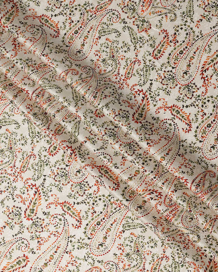 Ivory White Paisley Floral Allover Printed Premium Pure Silk Satin Fabric, 110 Cms, India-D27092