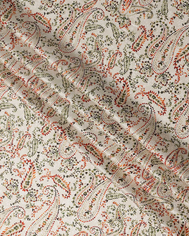 Ivory White Paisley Floral Allover Printed Premium Pure Silk Satin Fabric, 110 Cms, India-D27092
