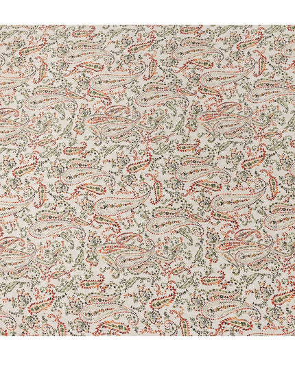 Ivory White Paisley Floral Allover Printed Premium Pure Silk Satin Fabric, 110 Cms, India-D27092