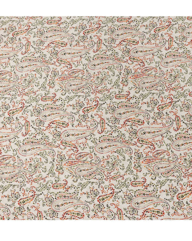 Ivory White Paisley Floral Allover Printed Premium Pure Silk Satin Fabric, 110 Cms, India-D27092