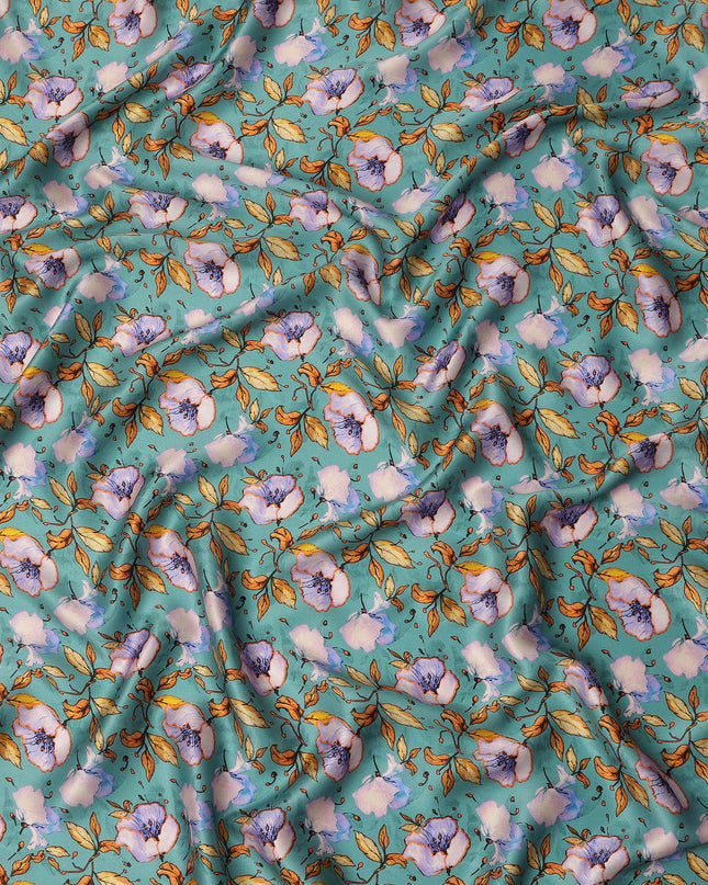 Teal Green Elegant Floral Allover Printed Premium Pure Silk Satin Fabric, 110 Cms, India-D27088