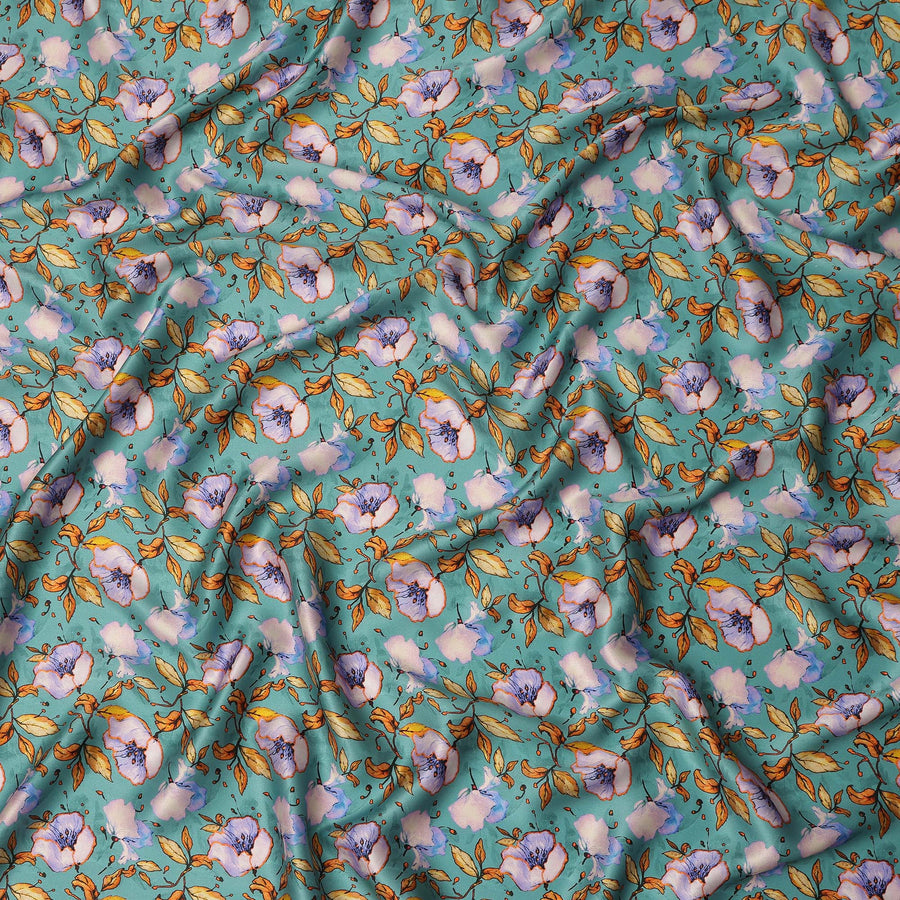 Teal Green Elegant Floral Allover Printed Premium Pure Silk Satin Fabric, 110 Cms, India-D27088