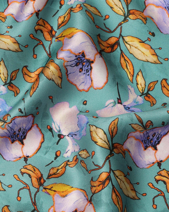 Teal Green Elegant Floral Allover Printed Premium Pure Silk Satin Fabric, 110 Cms, India-D27088