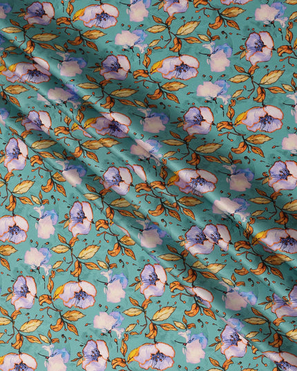 Teal Green Elegant Floral Allover Printed Premium Pure Silk Satin Fabric, 110 Cms, India-D27088